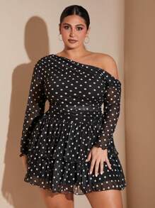 SHEIN BAE 秋季优雅性感大码女款黑白波点网眼印花露肩多层荷叶边长袖连衣裙，冬季连衣裙，服装，女士正式礼服，跨年晚会服装，Y2K，黑白波点曲线派对连衣裙。浪漫短款，高开衩，性感优雅，圣诞节，节日连衣裙，冬季连衣裙，服装 - 黑色 - 查看 5