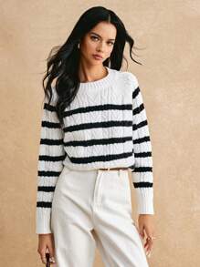 Poéselle Suéter a rayas en blanco y negro, suéter de mujer, suéter de mujer de cuello redondo de manga larga casual con jacquard a rayas para otoño/invierno, atuendos de mujer en otoño, ropa de mujer en invierno, piezas esenciales de otoño y invierno, cálido y cómodo, fácil de usar y combinar