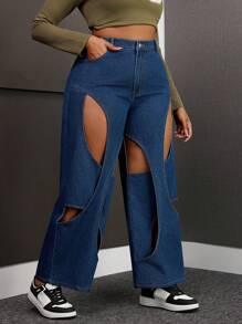 SHEIN SXY Plus Size Women Distressed Patchwork Straight Leg Boyfriend Jeans - Dark Wash - View 5