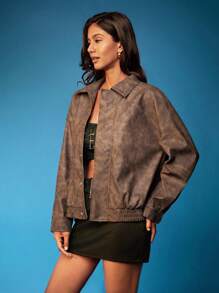 Opulessa Casual Solid PU Leather Collar Dropped Shoulder Long Sleeve Loose Women Regular Jacket