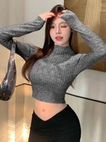 Dazy Star Women Solid Color High Neck Ribbed Knit Casual Long Sleeve Sweater,Fall Clothes Crop Women Tops - Dark Grey - View 4