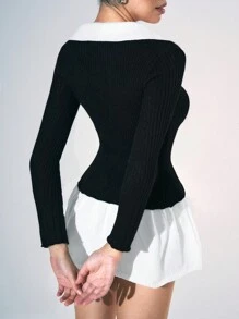 Flirla Robe pull nouvelle automne et hiver, robe simple casual avec col chemise contrastant et empiècement