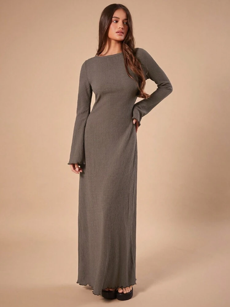 SHEIN Forever 21 1 pc נשים מקרית צבע אחיד אלגנטית שמלת שרוול פעמון, סתיו - חום קפה - ראה 1