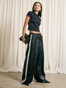 AiiRZ 对比色蕾丝仿皮阔腿套脚裤 - 黑色 - 查看 2