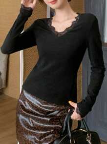 DAZY Women Casual Plain Color Lace Trim Mix Long Sleeve T-Shirt, Autumn/Winter