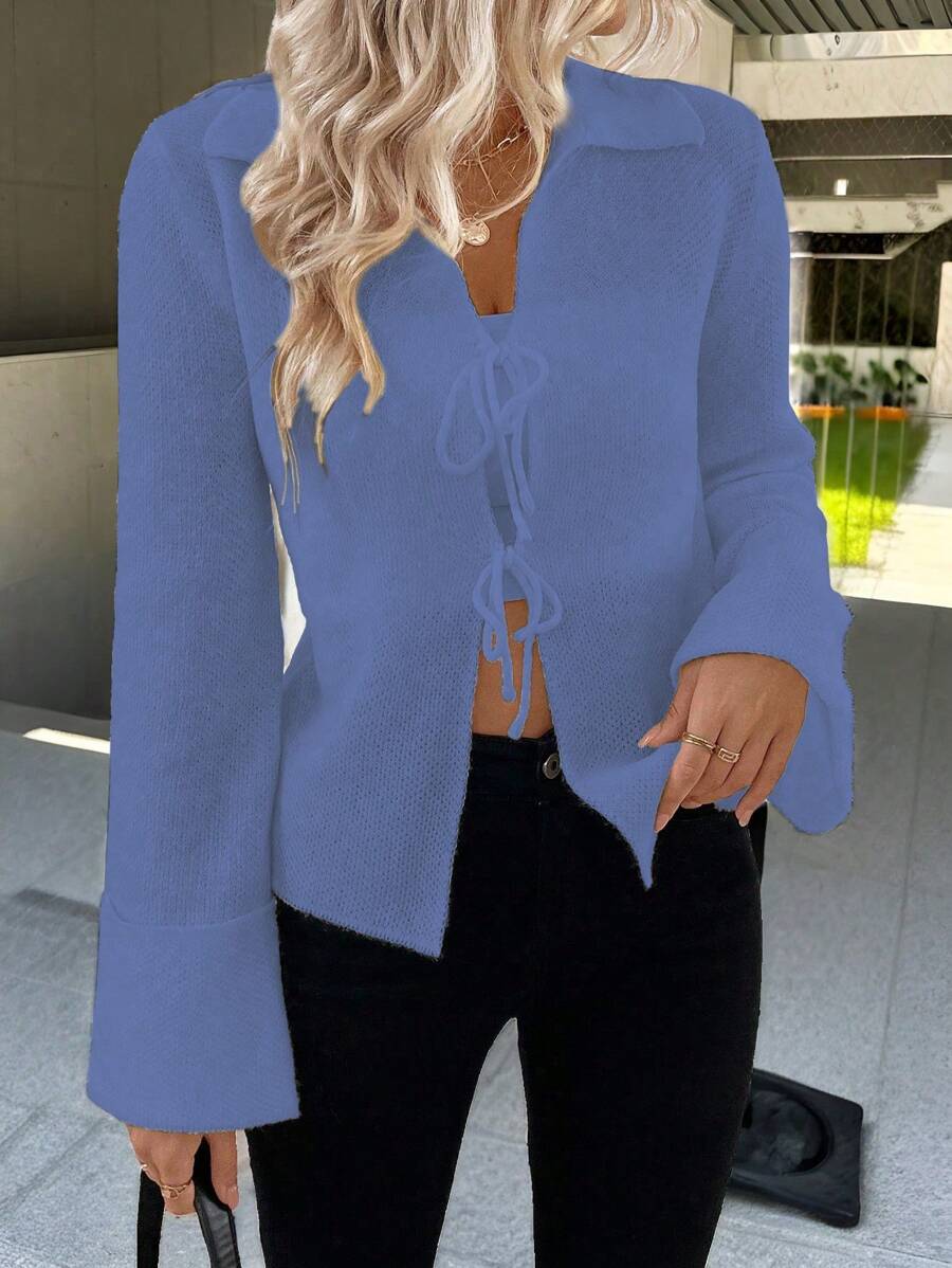 SHEIN LUNE Tie-Front Adjustable Cardigan Sweater, Slouchy Style, Beige Fall Cloth For Women - Dusty Blue - View 1