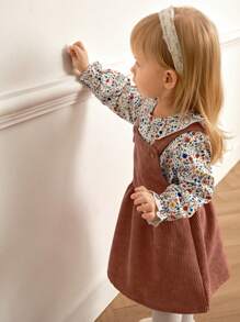 Souflis Souflis 2pcs/Set Baby Girl Vintage Ditsy Floral Frill Collar Long Sleeve Shirt And Corduroy Sleeveless Dress Suit, Retro & Sweet Style, Autumn/Winter