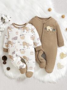 SHEIN 2 件装新生儿宽松树懒印花长袖连体睡衣，秋季新品 - 彩色 - 查看 6