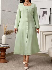 Flirla Robe longue pour femmes grandes tailles élégante, avec col carré, patchwork de couleurs, poches et boutons devant. Convient pour le printemps/l'automne - Vert - Voir 3