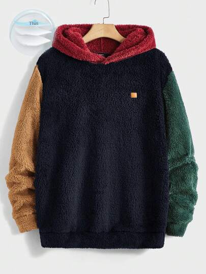 Manfinity BRENVOR Men's Plush Patchwork Hooded Sweatshirt, For Fall Winter, Couple Things, Long Sleeve Top