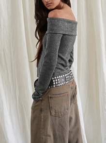 INAWLY Women Casual Open Shoulder Long Sleeve Split Hem Solid Color Blouse, For Daily Wear - Grey - View 2
