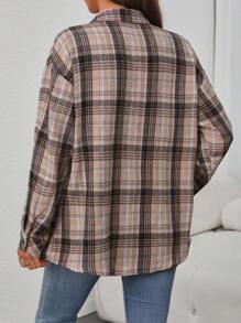 INAWLY 大码休闲格子长袖衬衫，秋季 - 卡其色 - 查看 2