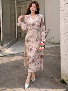 DAZY Abito lungo a maniche lunghe con scollo a V incrociato e stampa floreale, abito autunnale per donna - Multicolore - Visualizzare 5
