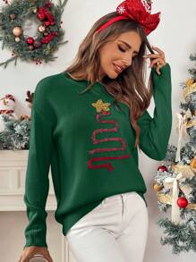 Chiquease Áo len nữ cổ tròn họa tiết cây thông Noel và ngôi sao, ấm áp, thích hợp mặc mùa thu đông. - màu xanh lá - Xem 4