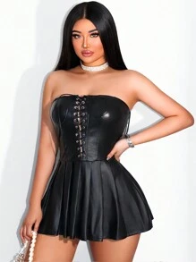 Zolique 纯色系带 PU 皮革褶皱性感无袖抹胸连衣裙迷你短款女装