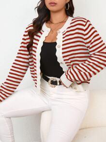 SHEIN Frenchy 大码女装秋季长袖简约条纹开衫适合日常穿着，秋季女装，秋冬毛衣，女士开衫，女士毛衣，家居毛衣，优雅外出毛衣开衫，秋季女装，圣诞节，圣诞毛衣，家居毛衣，条纹开衫，秋冬长袖毛衣