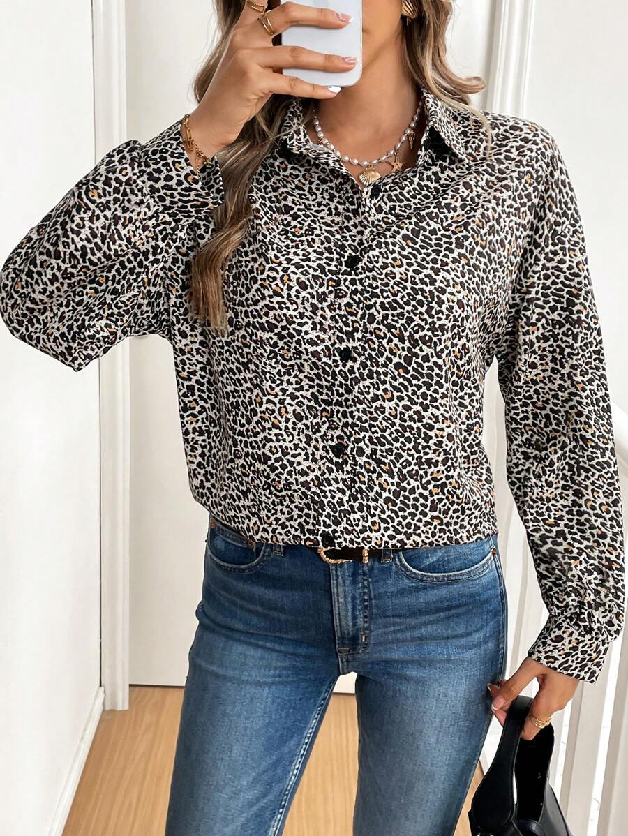 SHEIN Frenchy Women Leopard Print Button Front Casual Long Sleeve Shirt Winter Cheetah - Multicolor - View 1