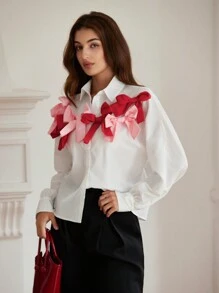 Revavyn Áo sơ mi nữ tay dài trang trí nơ 3D hai tông màu ngọt ngào lãng mạn theo phong cách Pháp cho mùa thu, quần áo dự tiệc ngày lễ dễ thương vui nhộn cài nút cho nữ - Nhiều màu - Xem 4