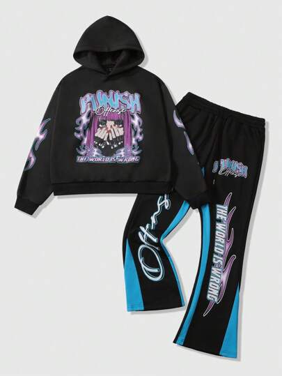 Street Life 1set Men's Loose Crop Hoodie & Pants Tracksuit, Street Style