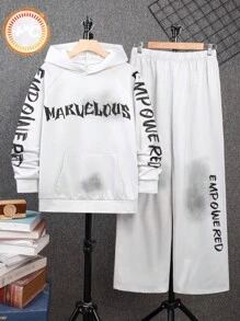 SHEIN TeenBoys 2 件休闲运动街头舒适百搭保暖超高性价比哥特式字母印花针织连帽运动衫运动裤套装返校服装；秋季服装；青少年男孩服装；秋季夹克；秋季服装秋冬 - 灰色 - 查看 1