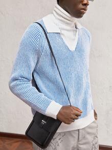 AKNOTIC Business Casual Men Contrast V-Collar Striped Color Block Pattern Urban Raglan Sleeve Pullover Long Sleeve Sweater, For Old Money Men, Boyfriend Gift, For Fall, Winter, Spring - Multicolor - View 6
