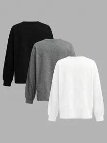 SHEIN 3pcs/Set Loose Fit Tween Girls Long Sleeve Knitted T-Shirts, Essential Base Layer Tops For Spring, Summer, Winter - Multicolor - View 2