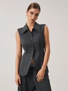 SURIMA Women's Fashionable Solid Color Sleeveless Cinched Waist Blouse