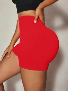 SHEIN Core Rhythm 女式运动短裤，腰部褶皱，性感提拉效果，弹性舒适，适合瑜伽和健身女士运动短裤、健身短裤、骑行短裤 - 紅色 - 查看 4