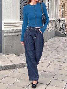 INAWLY 女士纯色纽扣圆领简约时尚修身毛衣 - 藍色 - 查看 2