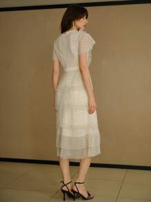 MOTF STUDIO Vestido midi con manga campana, volantes y estampado de lunares con superposición de malla
