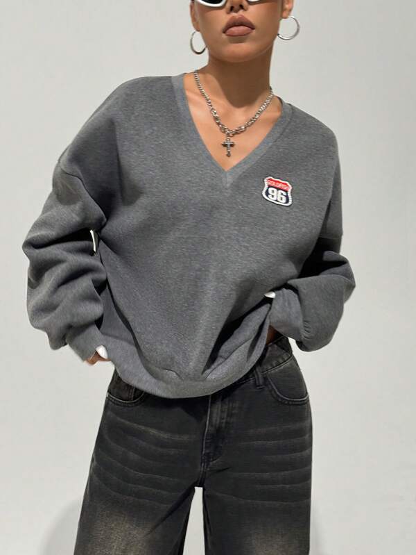 StreetHx V-Neck Letter Embroidery Street Oversized Long Sleeve Sweatshirt For Women, Preppy Style Outfit