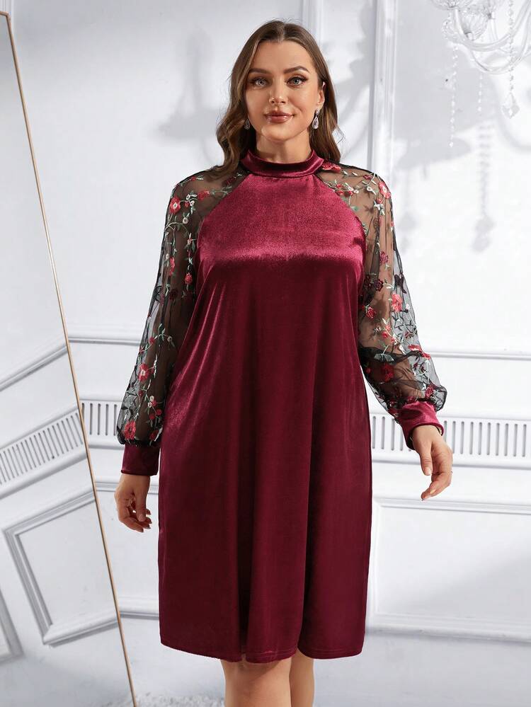 Women Plus Size Floral Embroidery Mesh Contrast Round Neck Elegant Long Sleeve Dress