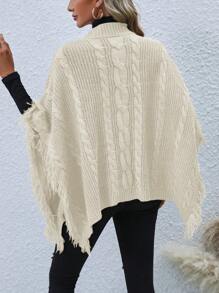 SHEIN LUNE Women Casual Street Style Solid Color Fringe Trim Batwing Cable Knit Pullover Sweater Knit Pullover Fall Winter - Apricot - View 2