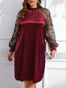 EMERY ROSE Vestido elegante de manga larga con cuello redondo, contraste de malla y bordado floral para mujer de talla grande - Burdeos - View 1