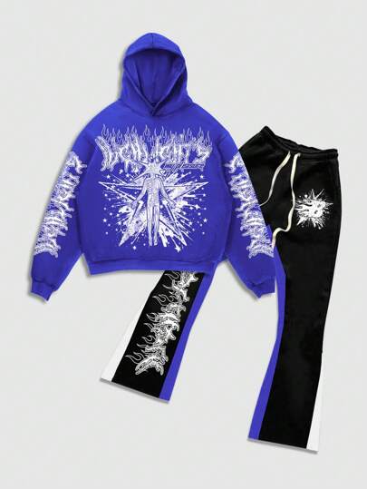 Street Life 2pcs/Set Men's Street-Style Graphic Print Sweatshirt And Sweatpants Tracksuit, Suitable For Everyday Wear