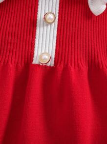 SHEIN Robe-pull bébé fille mignonne avec col claudine à manches longues, style blocs de couleurs rouge et blanc. Convient pour les fêtes de Noël en extérieur, et élégante - Rouge - Voir 7