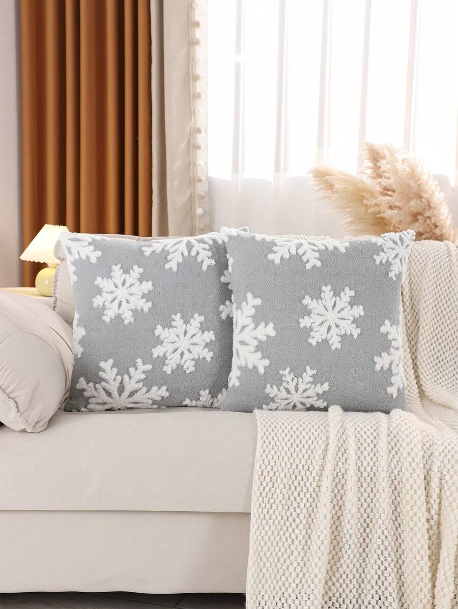 2pcs Christmas Snowflake Plush Jacquard Cushion Covers, Winter Pillow Cover - Grey - View 1