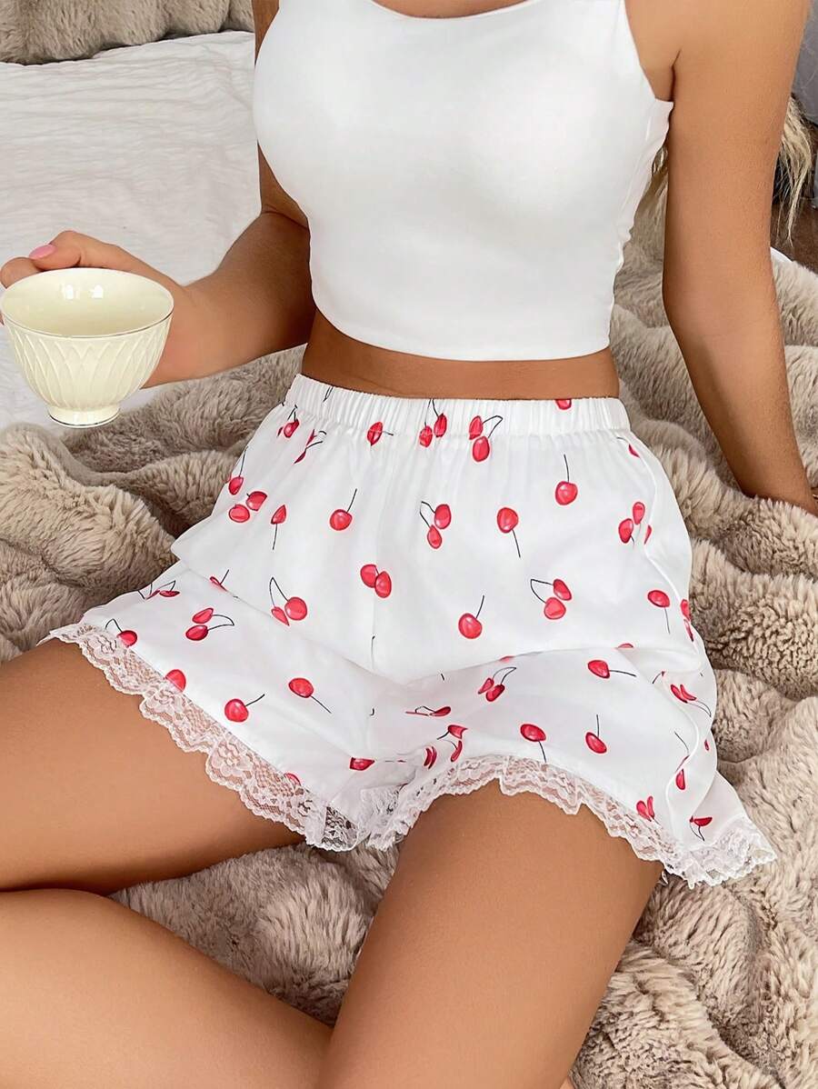 INAWLY 女士简约樱桃印花短裤，休闲日常穿着 - 彩色 - 查看 1