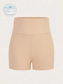 SHEIN BASICS 素色寬腰帶騎行褲 - 杏色 - 查看 1