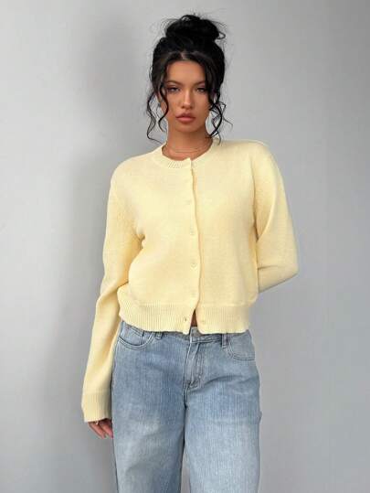 SHEIN Tall CURVE Áo cardigan len nữ cỡ lớn màu vàng trơn cổ tròn tay dài dáng rộng, thích hợp mặc mùa thu, xuân, ngày Valentine, thường ngày.