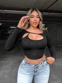 Zolique Women's Sexy Off Shoulder Solid Color Hollow Out Fitted Cropped Long Sleeve T-Shirt, Street Fashion Style