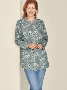 EMERY ROSE Camisa casual de manga larga con capucha, botones delanteros y bolsillos, con estampado floral en talla grande - Gris - Ver 1