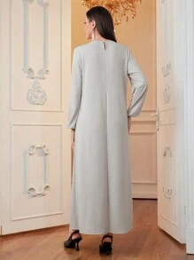 Al Najma Váy chữ A thẳng họa tiết hoa 3D rộng rãi & thon gọn thời trang thanh lịch cho quý cô, váy chữ A Ả Rập thanh lịch dài tay khiêm tốn, cho thường ngày - Xám - Xem 2