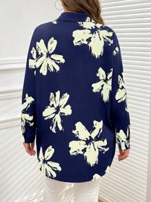 SHEIN Clasi 1pc Women Plus Size Full Open Black Base Printed Long Sleeve Shirt, Suitable For Autumn/Winter
