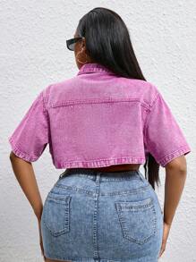 SHEIN SXY 大码休闲水洗短袖短款牛仔上衣 - 粉色 - 查看 2