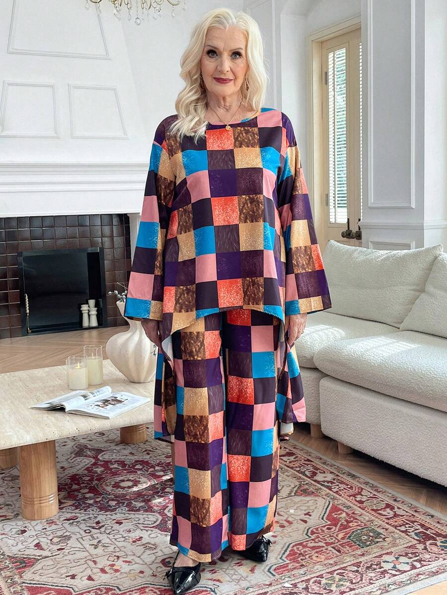 EMERY ROSE 2 件套女士格子印花圆领前短后长长袖上衣和裤子休闲套装 - 彩色 - 查看 1