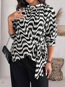 Celure Plus Size Women 2pcs Set: Striped Wave Pattern Stand Collar Long Sleeve Top And Wide Leg Pants, Loose Fit, Autumn