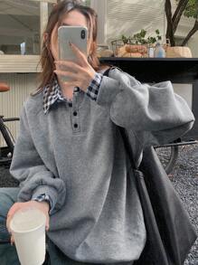 DAZY 女士休闲格子印花长袖二合一运动衫，秋季服装 - 灰色 - 查看 1