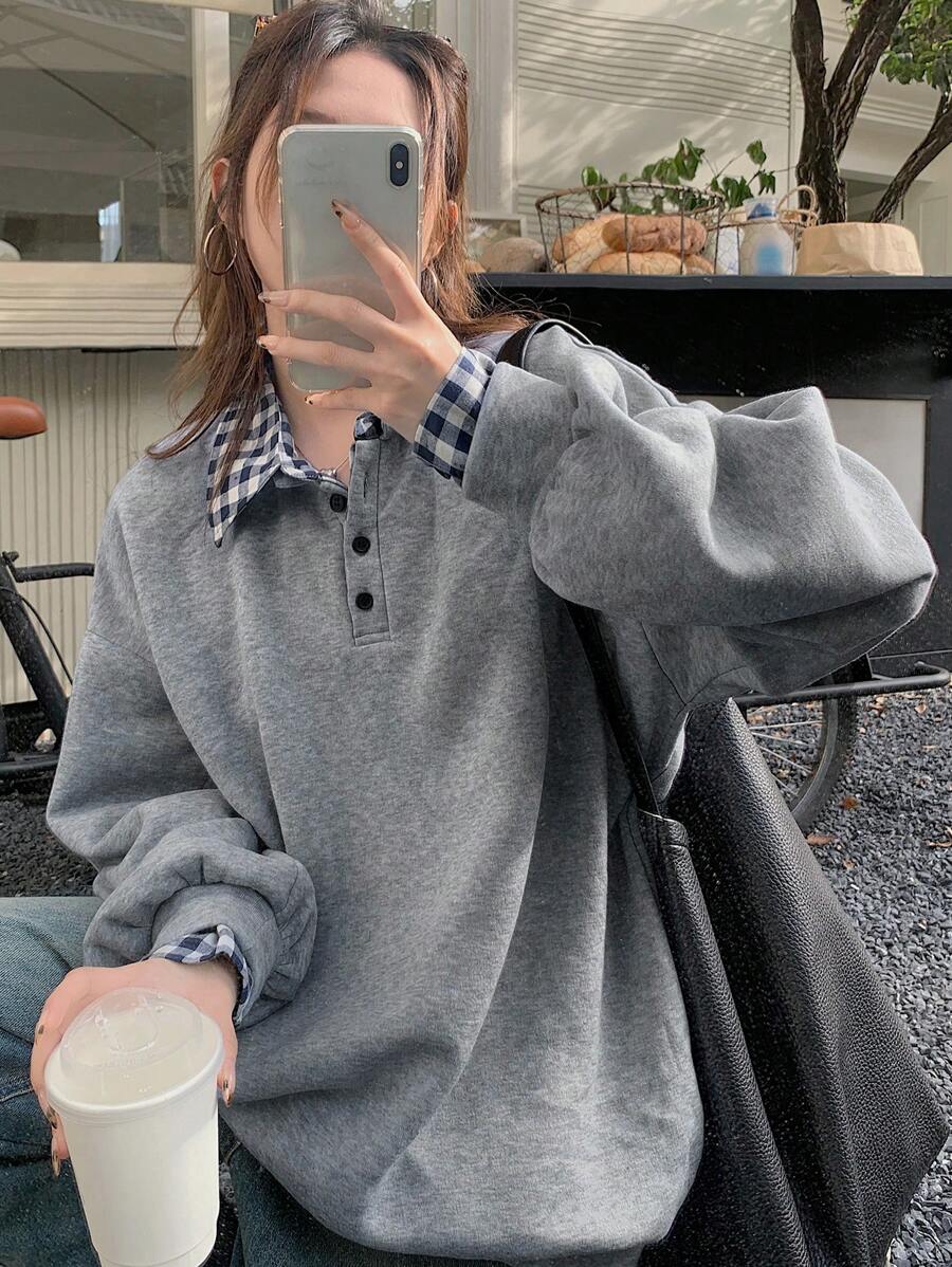 DAZY 女士休闲格子印花长袖二合一运动衫，秋季服装 - 灰色 - 查看 1