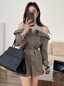 DAZY 撞色露肩长袖宽松可拆卸腰带女士衬衫、秋装、返校服 - 棕色 - 查看 3